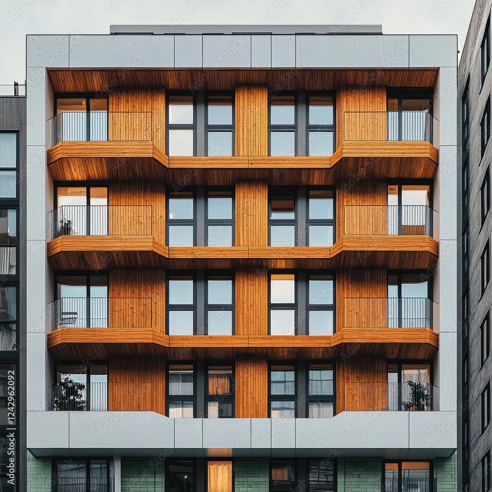 Poster the modern building with minimalist balconies is a five store concrete and wood apartment complex wi