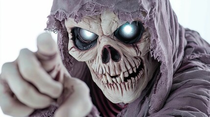 Mysterious skeleton figure pointing forward.