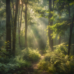 Obraz premium Ethereal Misty Morning in a Dense Forest Illuminated by Gentle Sunlight