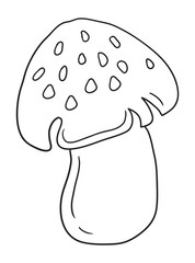 Beautiful hand-drawn mushroom illustration in black and white, ideal for coloring books. Detailed line art, perfect for kids and adults who love nature and creativity