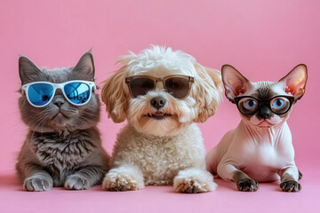 Fototapeta premium Fun Disco Party with Dogs and Cats in Sunglasses, Pink Background, Generative AI