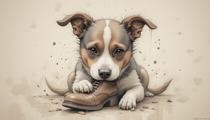 Adorable puppy chewing on a shoe with a playful expression in a light background
