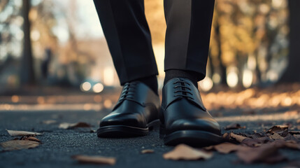 man wearing black Derby shoes stands leaf strewn path, surrounded by autumn foliage. scene captures elegance of shoes against backdrop of serene fall setting, highlighting contrast between