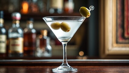 Classic martini in elegant glass with green olives, bar background, warm lighting.