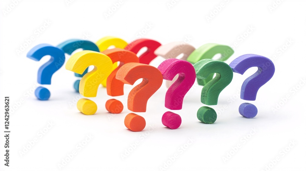 Poster Colorful question marks standing in a row on white background