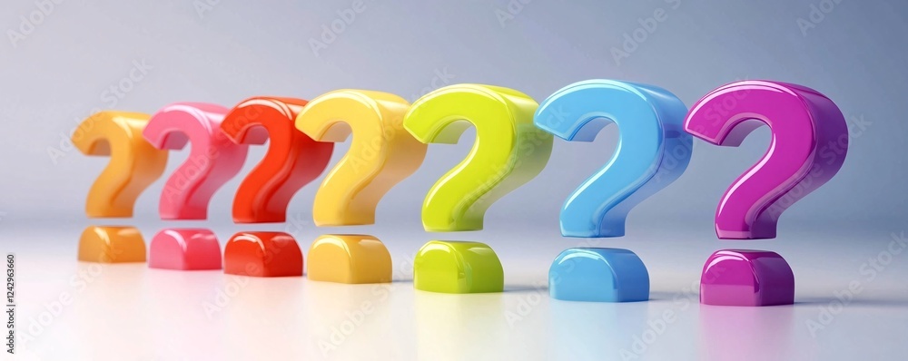 Poster colorful question marks standing in a line on white background