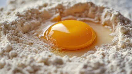 A single egg yolk sits in a well of flour, ready to be incorporated into a delicious recipe. The vibrant yellow of the yolk contrasts beautifully