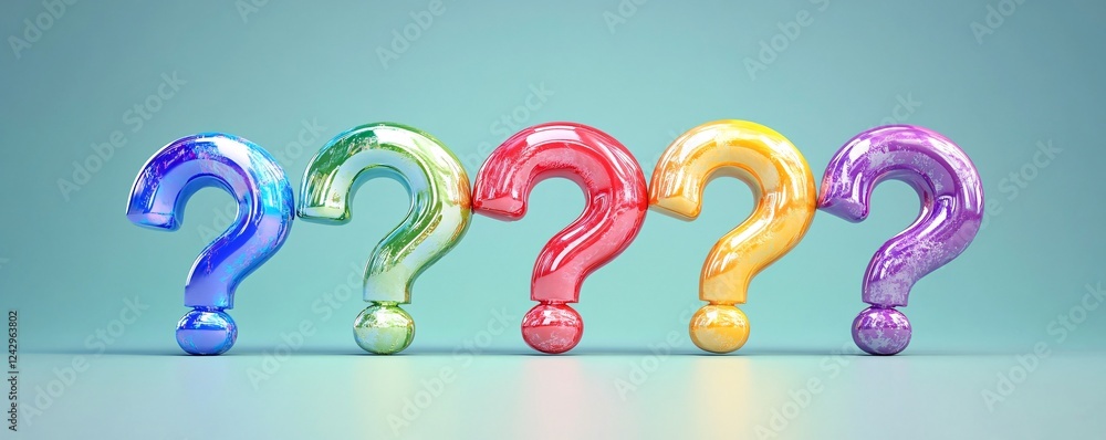 Poster Five colorful question marks standing in a row on a pastel background