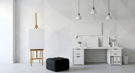 An easel next to the table with some books, pencils and a closed laptop, pouffe in front of the table, four lamps over the table. Concept of art. 3D rendering
