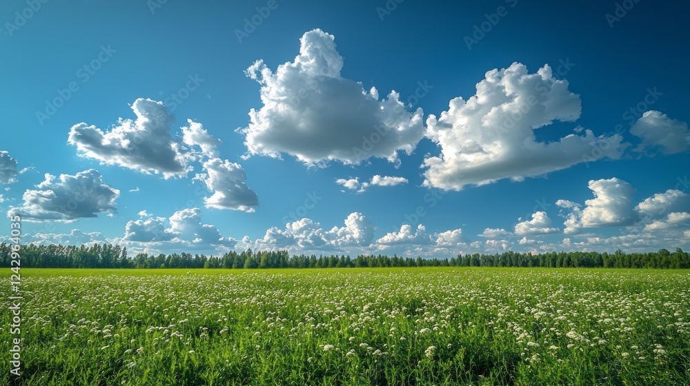 Poster fluffy white clouds float gracefully in a deep blue sky while a vivid green field adorned with wildf