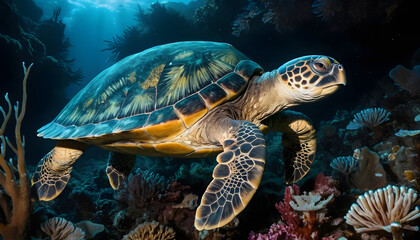 Fototapeta premium Sea turtle swimming gracefully in vibrant coral reef underwater landscape 