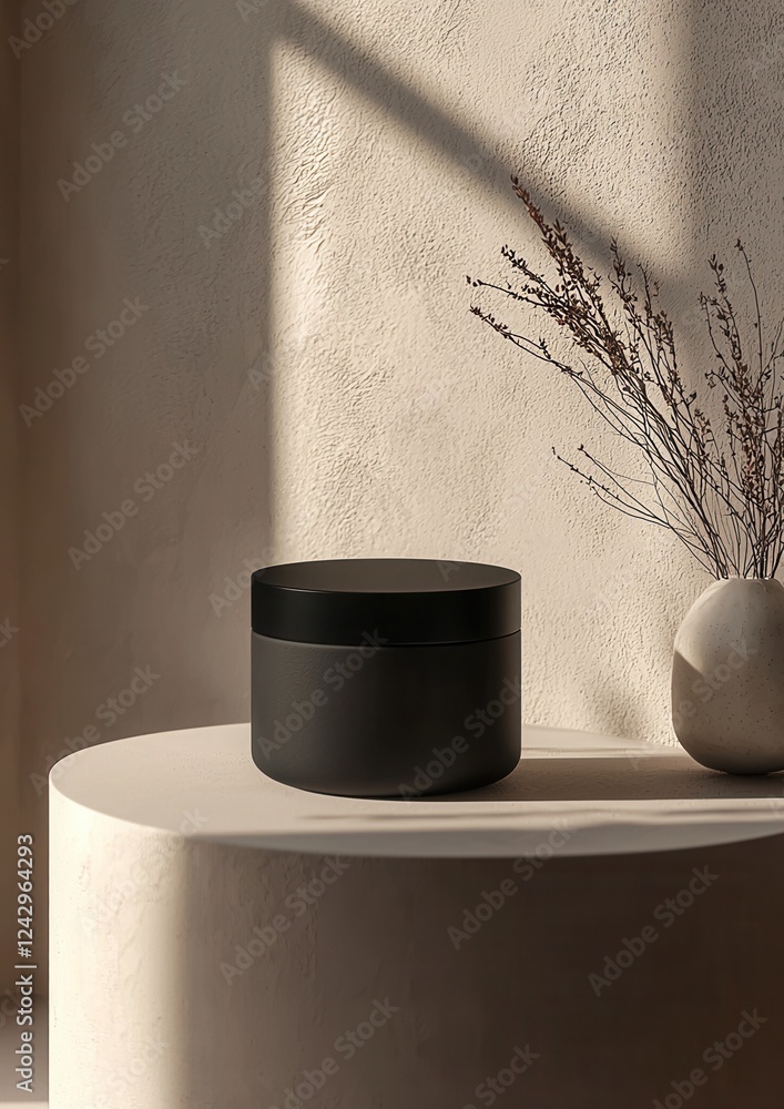 Poster black round container with a lid on a white pedestal. the container is placed against a beige wall w