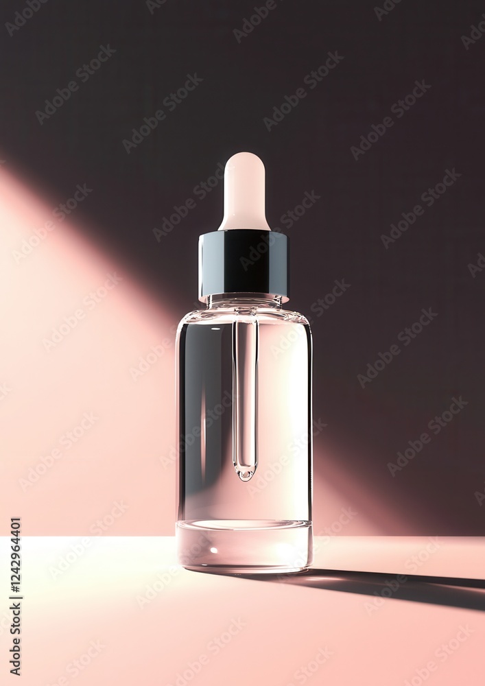 Poster 3d rendering of a glass dropper bottle with a black cap. the bottle is empty and is placed on a pink
