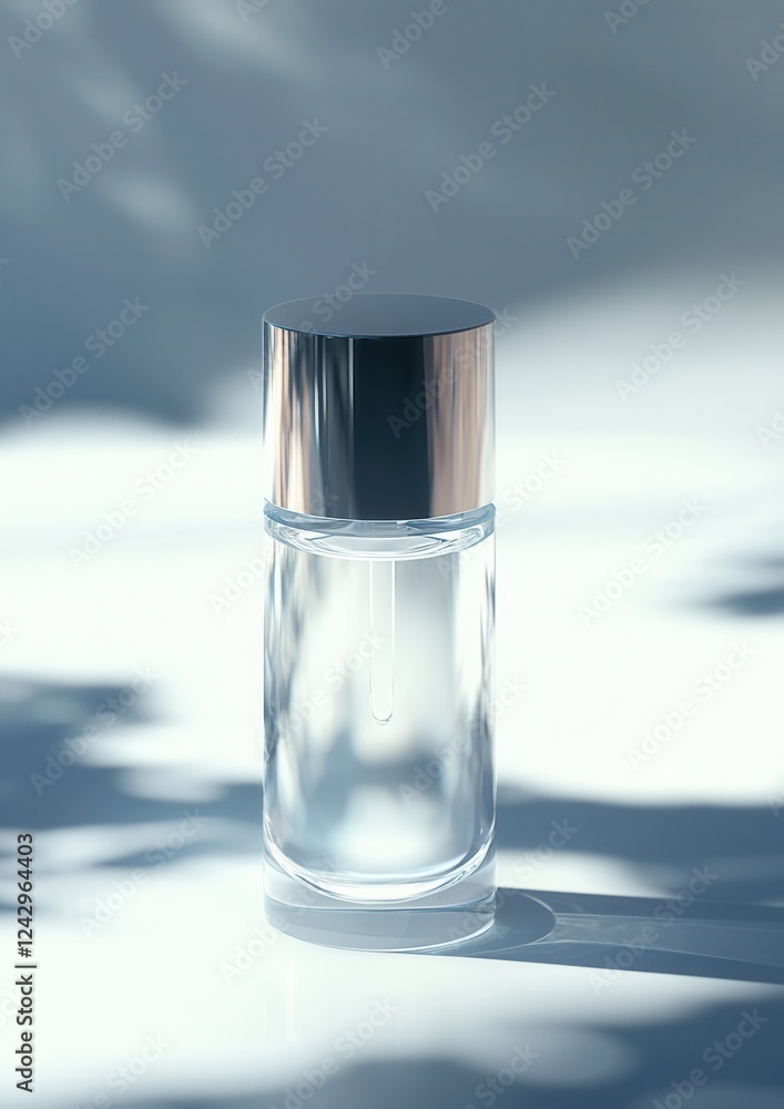 Poster 3d rendering of a small glass jar with a silver lid. the jar is empty and is placed on a white surfa