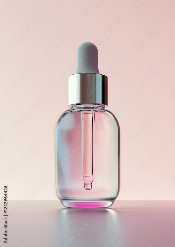Poster 3d rendering of a dropper bottle. the bottle is made of glass and has a round shape with a silver ca