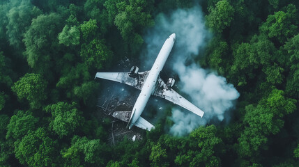 Aerial View of a Crashed Plane in a Dense Forest, Surrounded by Smoke and Debris, with a Small Clearing Visible in the Distance, Emphasize the Wreckage and Dramatic Atmosphere with Natural Lighting