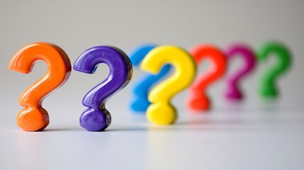 Row of colorful question marks on white background