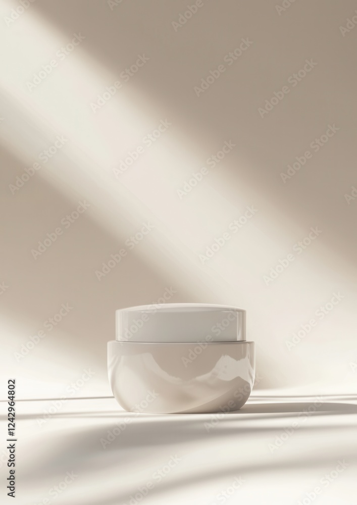 Aufkleber 3d rendering of a white jar with a lid. the jar is placed on a white surface with a light beige back