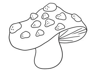 Beautiful hand-drawn mushroom illustration in black and white, ideal for coloring books. Detailed line art, perfect for kids and adults who love nature and creativity