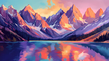 A mountain range at sunrise with peaks painted in hues of gold, pink, and lavender. The sky transitions from deep blue to soft peach, and a sparkling lake reflects the vibrant colors.