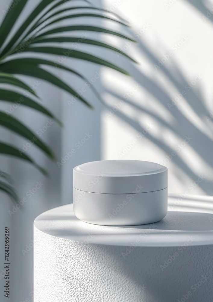 Poster white round container with a lid on top, placed on a white pedestal. the container appears to be emp