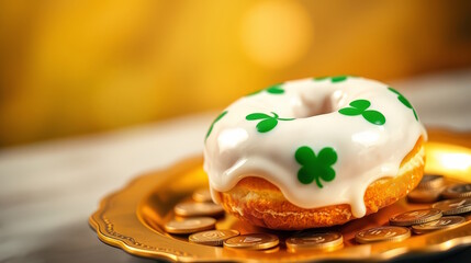 Donut with white icing and clover pattern lies on golden plate with coins, holiday food advertisement for confectionery, St Patricks day banner