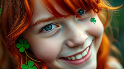 Fototapeta premium Red-haired girl with clover design on cheek and fresh clover in hair, closeup portrait, Green clover - symbol of St. Patrick's Day