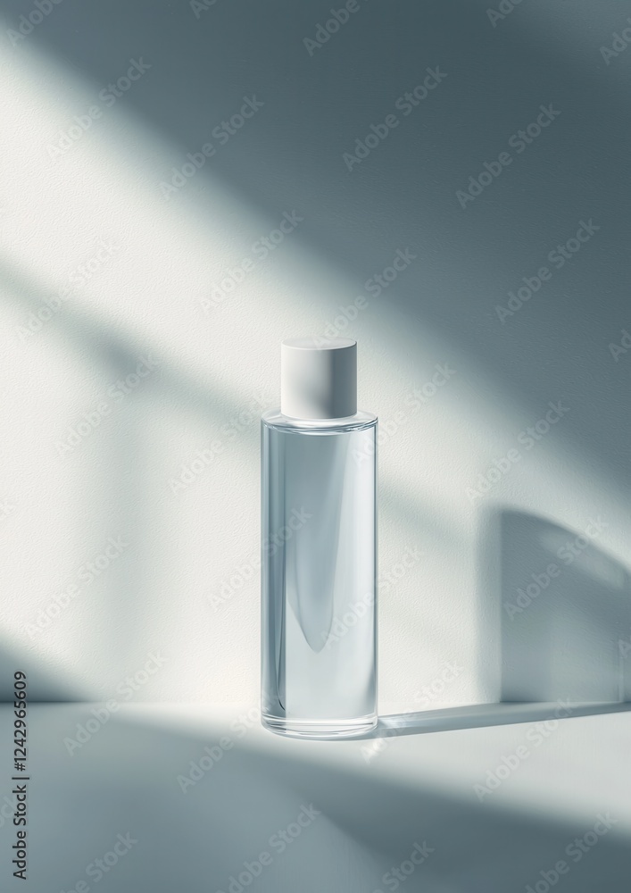Poster 3d rendering of a glass bottle with a white cap. the bottle is placed on a white surface with a shad