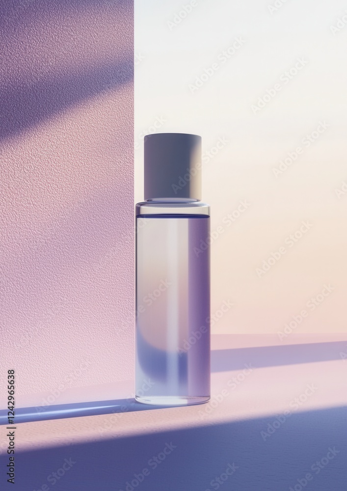 Poster 3d rendering of a glass bottle with a black cap. the bottle is placed on a light blue surface with a