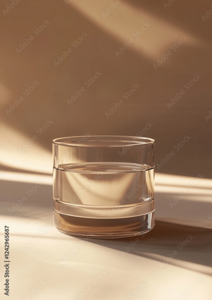 Poster close-up of a glass of water. the glass is empty and is placed on a white surface. the background is