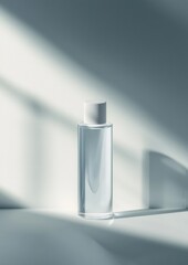 3d rendering of a glass bottle with a white cap. the bottle is placed on a white surface with a shadow cast on the right side of the image.