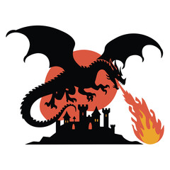 An illustration of a white background with a bold silhouette of a dragon breathing fire. The dragon has its wings spread wide and its body arched back. The fire the dragon breathes is orange