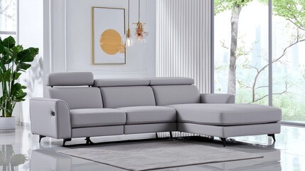 Grey Fabric Sectional Sofa in Modern Living Room