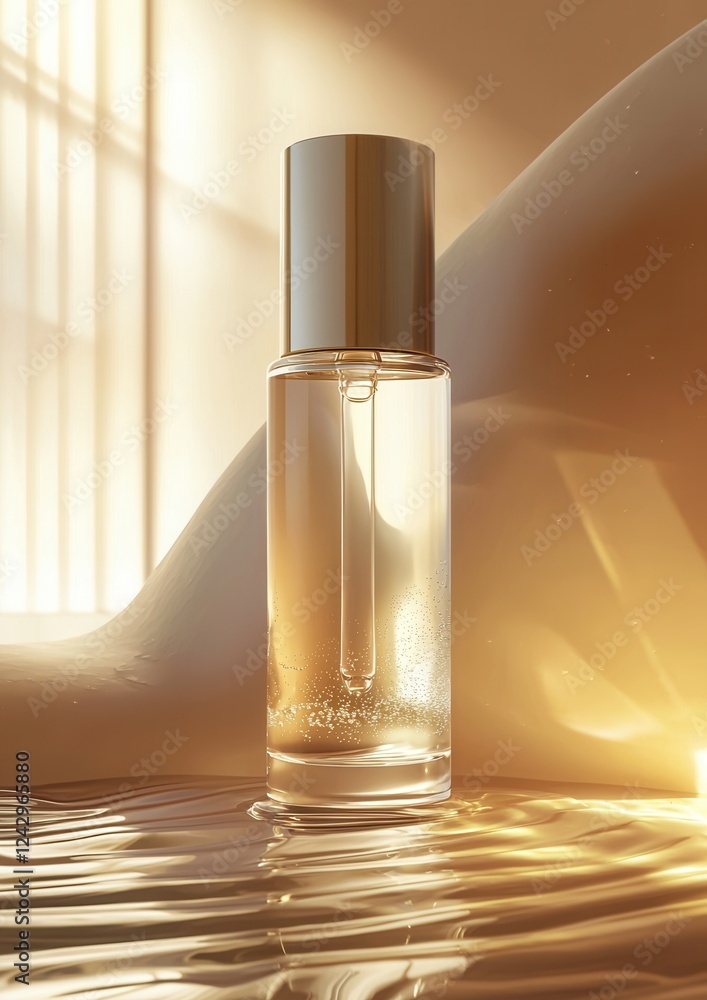 Poster 3d rendering of a perfume bottle with a golden cap. the bottle is placed on a surface with a wave-li