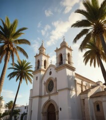 Palm trees sway above a historic church in Vejer's countryside , Spanish village, greenery