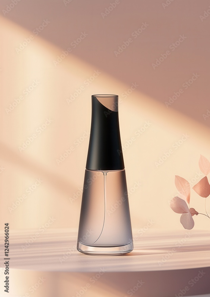 Poster 3d rendering of a perfume bottle. the bottle is cylindrical in shape with a black cap on top. it is 
