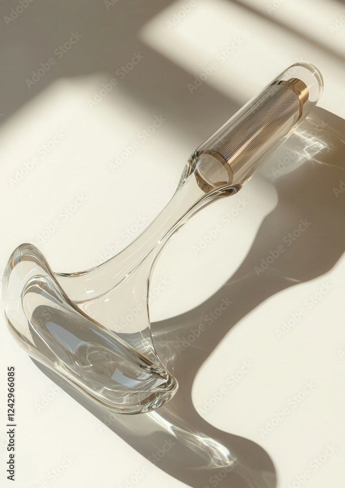 Poster 3d rendering of a glass object with a curved shape. the object appears to be made of transparent glass and has a gold-colored handle on top.