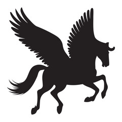 Pegasus silhouette soaring through the sky with a white background. The Pegasus has its wings spread wide open, and it is galloping gracefully. The sky
