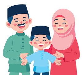 Happy Muslim Family Illustration with Traditional Cultural Attire celebrate Ramadan Festival