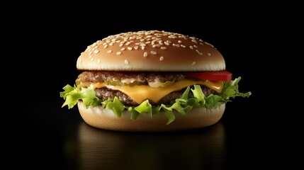 Classic cheeseburger with lettuce, tomato, and melted cheese on a sesame bun.