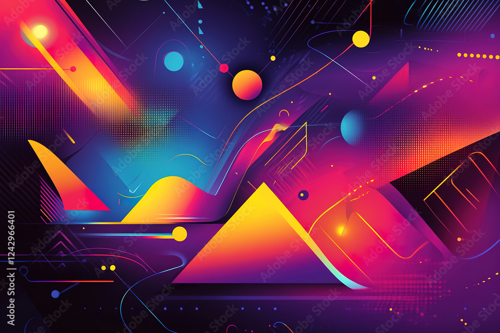Poster vibrant abstract composition showcasing geometric shapes and lively colors in a dynamic arrangement 