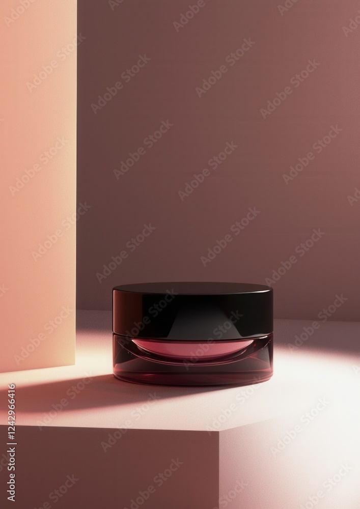 Poster 3d rendering of a black jar with a red lid. the jar is placed on a white surface with a pink backgro