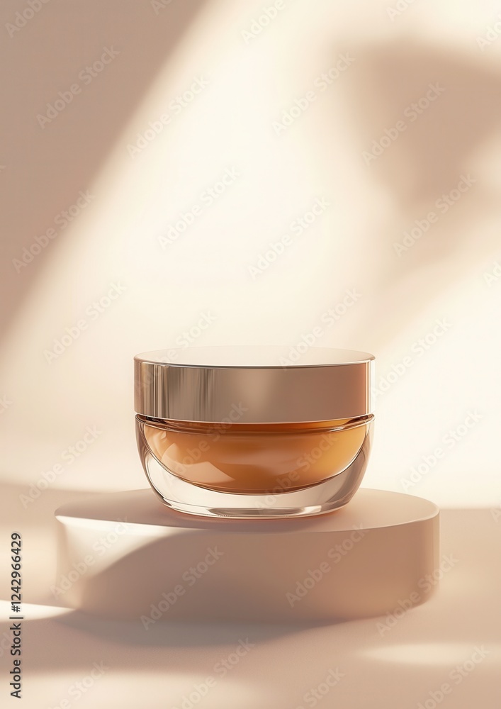 Poster 3d rendering of a small glass jar with a gold lid. the jar is placed on a white surface with a light
