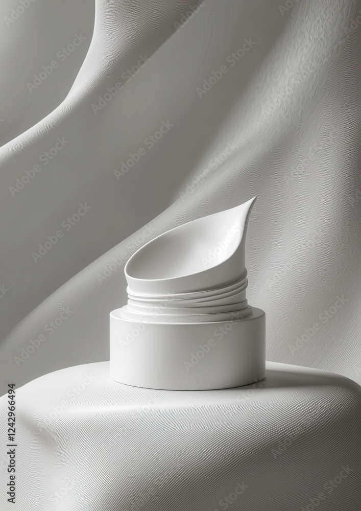 Poster 3d rendering of a white cosmetic jar with a curved lid. the jar is placed on a white surface with a 