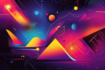 Vibrant abstract composition showcasing geometric shapes and lively colors in a dynamic arrangement of lines and forms