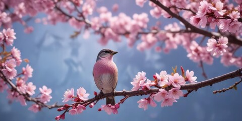 Pink cherry blossoms with a small bird perched on top, bird of prey , garden, tree