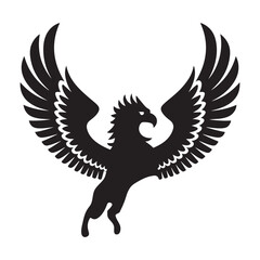 Fototapeta premium Pegasus silhouette soaring through the sky with a white background. The Pegasus has its wings spread wide open, and it is galloping gracefully. The sky