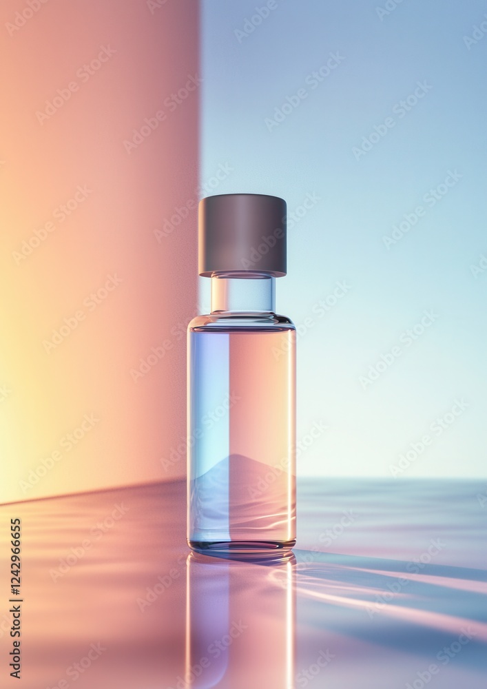 Poster 3d rendering of a small glass bottle with a black cap. the bottle is placed on a reflective surface,