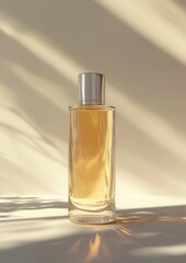 3d rendering of a perfume bottle. the bottle is made of clear glass and has a silver cap. the liquid inside the bottle is a golden yellow color.