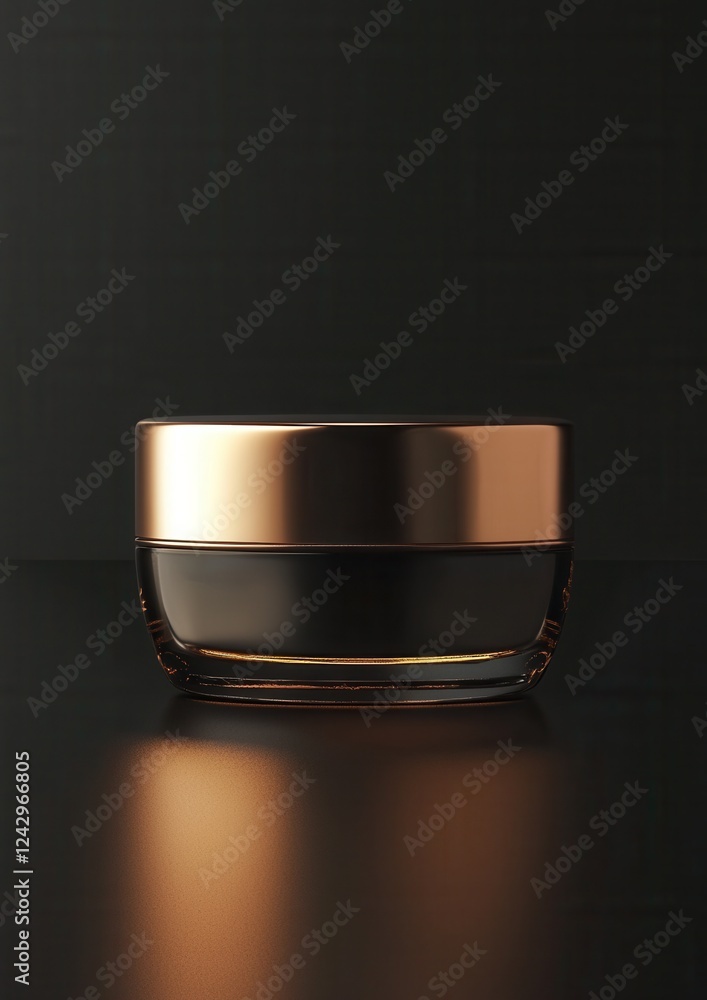 Poster close-up of a small glass jar with a gold lid. the jar is placed on a black surface with a dark back